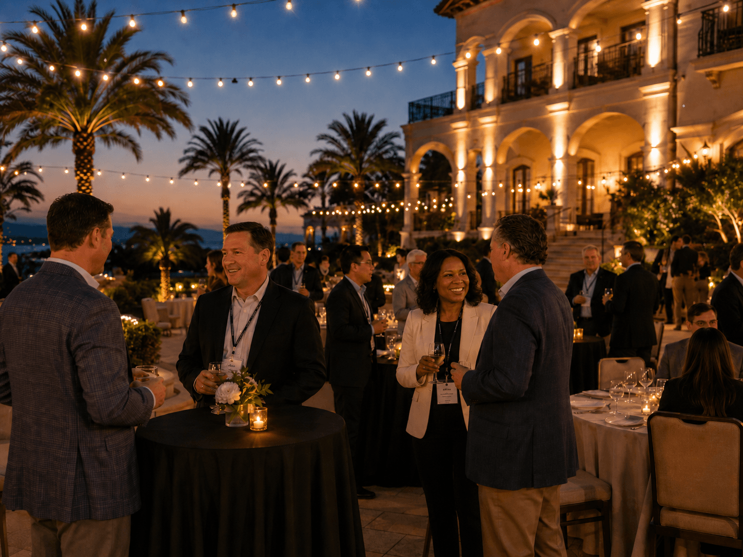 Private milestone celebration reception, outdoor evening setting